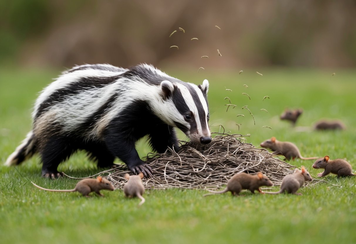 A badger digs into a rat nest, scattering them as they flee
