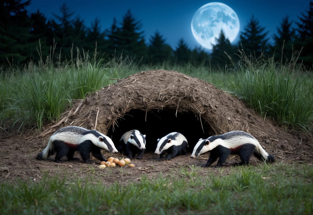 A moonlit forest clearing with a burrow entrance, surrounded by tall grass and bushes. A family of badgers emerges, foraging for food