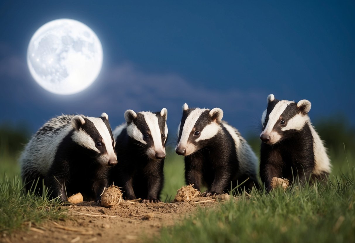 A family of badgers emerges from their burrow, foraging for food under the moonlit sky