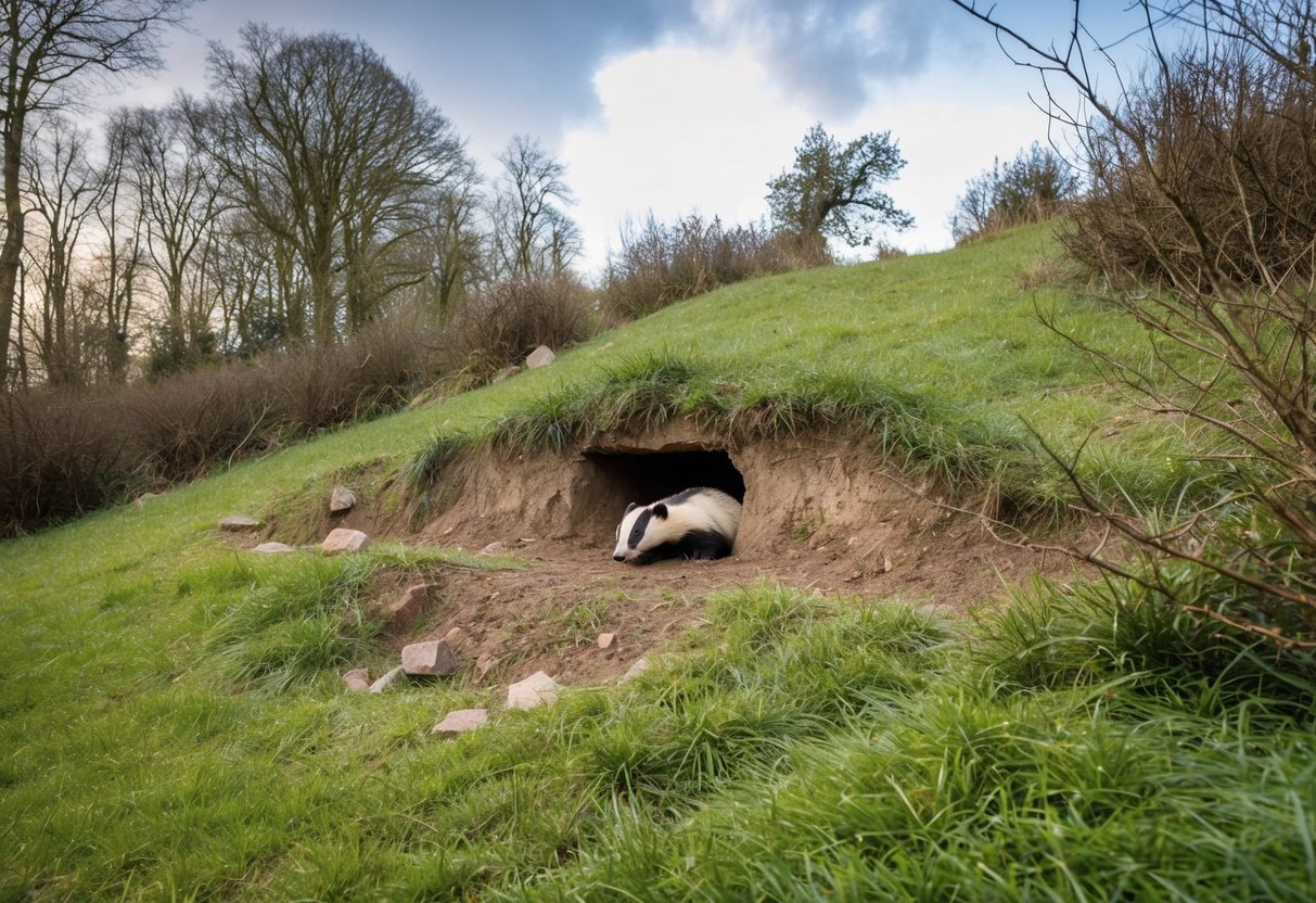 A badger sett nestled in a grassy hill, surrounded by trees and bushes, with multiple entrances and signs of recent activity