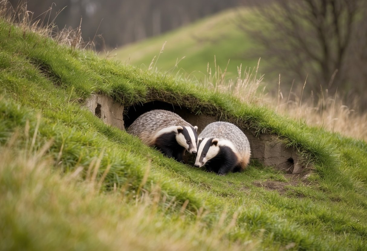 A badger sett nestled in a grassy hill, with multiple entrances and surrounding wildlife
