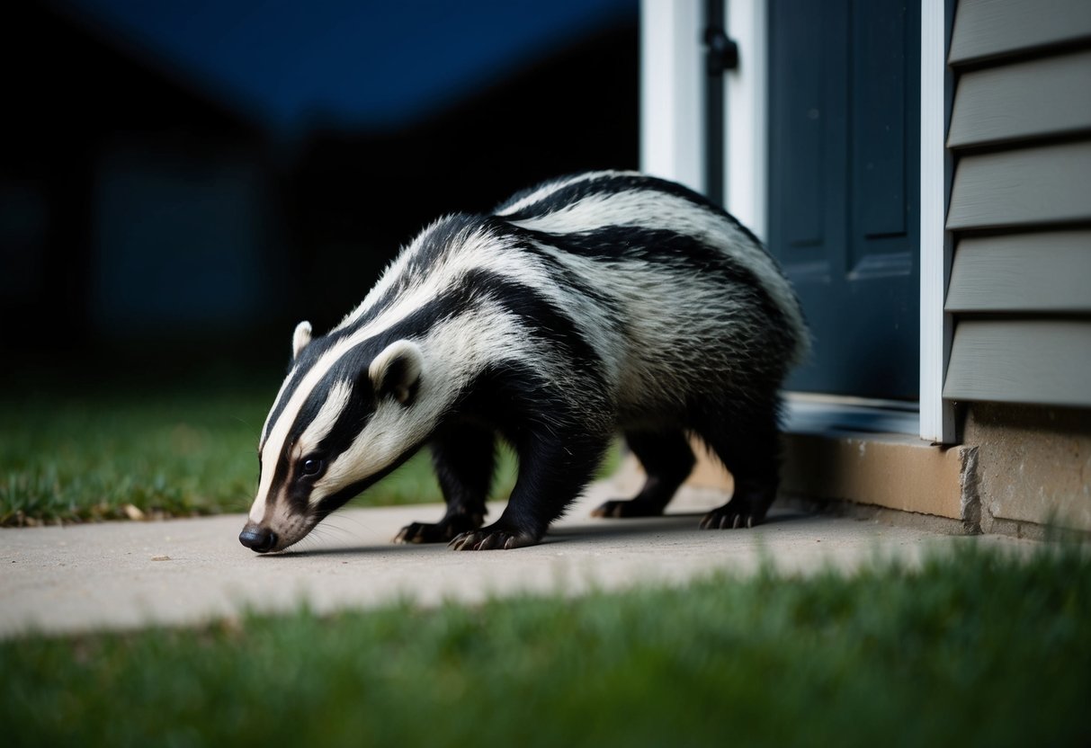 A badger cautiously approaches a house at night, sniffing around the entrance before retreating back into the darkness