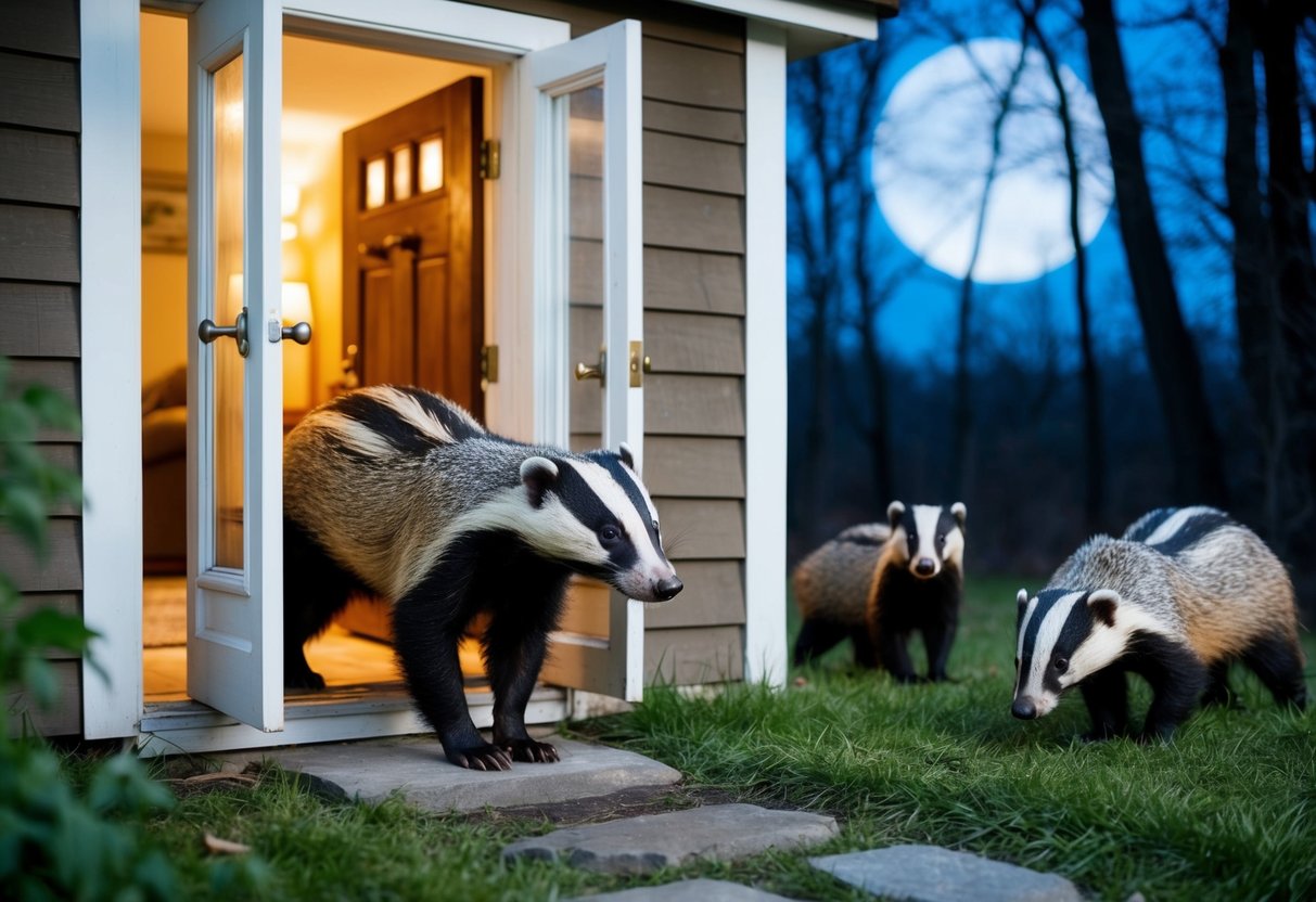 A badger enters a cozy house through an open door, surprising the inhabitants. Outside, a family of badgers plays in the moonlit woods