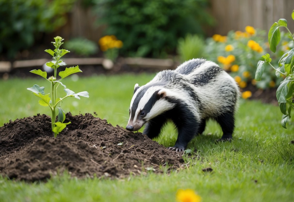 A badger digs up a garden, leaving behind overturned soil and damaged plants