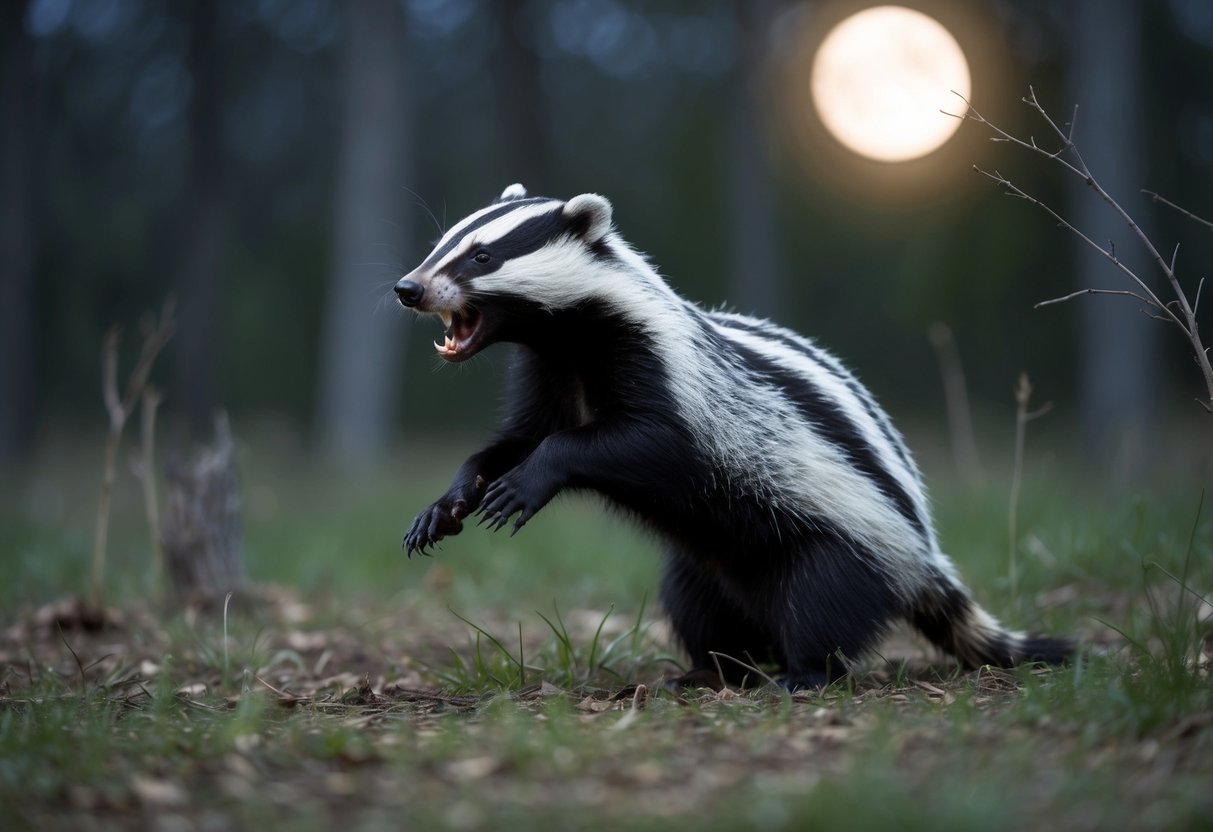 A badger startled by a looming predator, with raised fur and bared teeth, standing its ground in a moonlit forest clearing