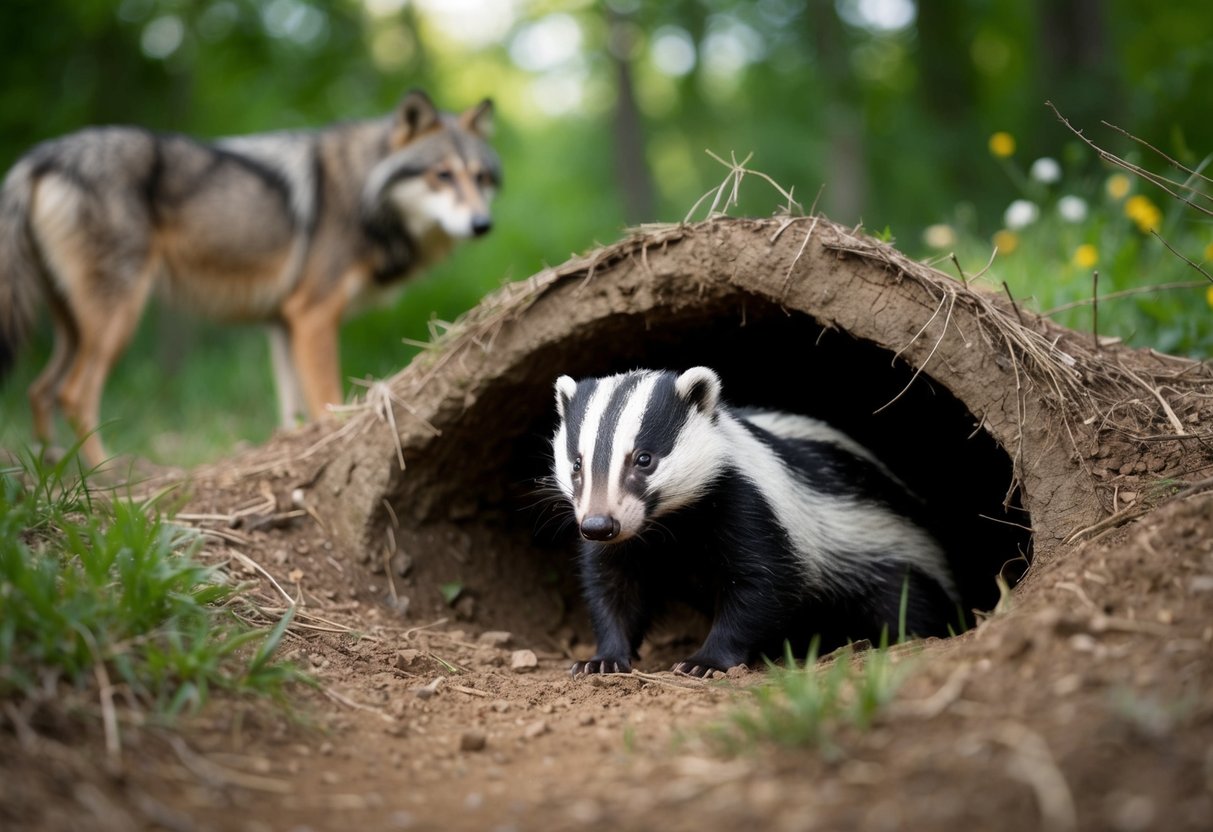 A badger cowers in its burrow as a looming shadow of a wolf looms outside the entrance
