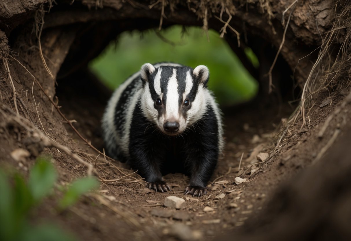 A badger cowers in its burrow, surrounded by looming shadows and the sounds of predators lurking outside