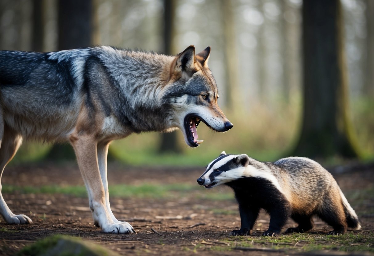 A snarling wolf baring its teeth at a wary badger in a dimly lit forest clearing