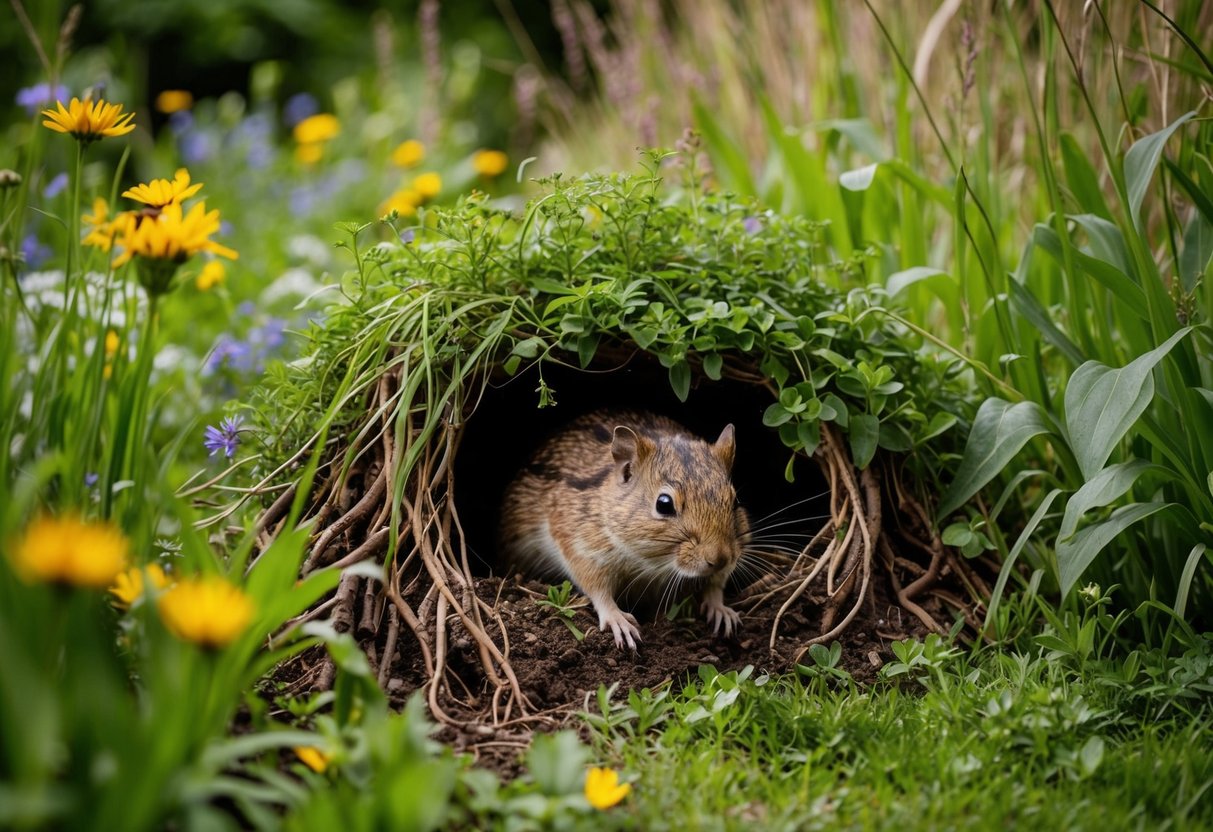 A lush garden with a cozy burrow nestled under a tangle of roots, surrounded by wildflowers and tall grasses