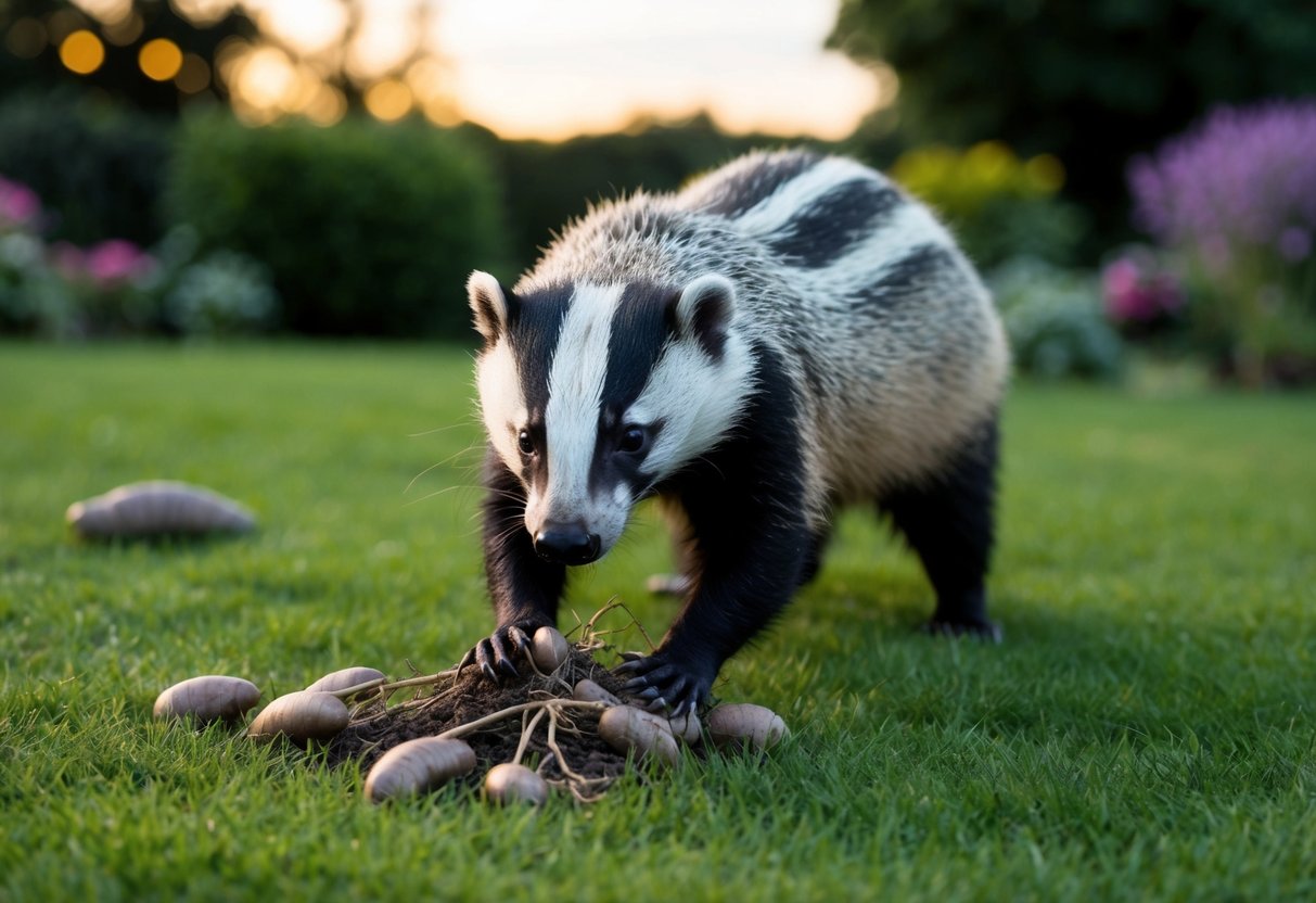 A badger digs up grubs and roots in a lush garden at dusk