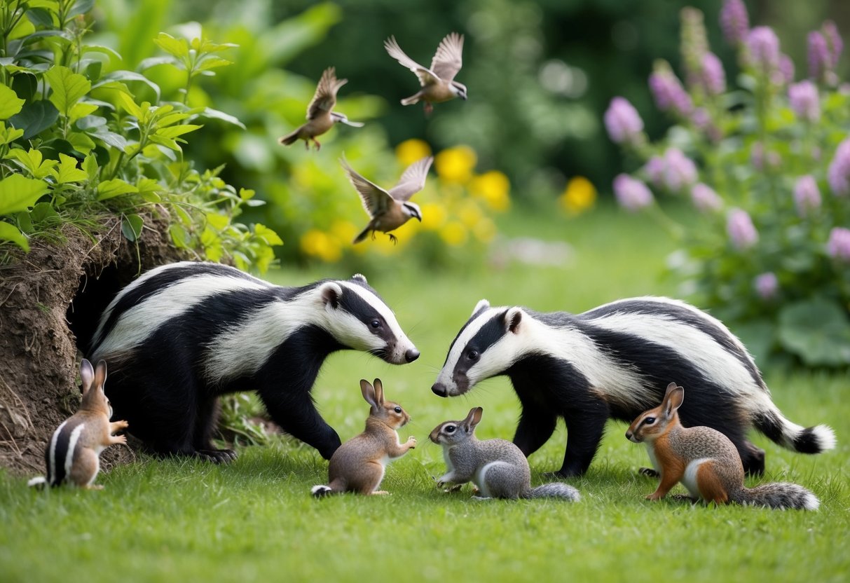 Badgers emerge from their burrow in the garden, interacting with rabbits, squirrels, and birds among the lush greenery
