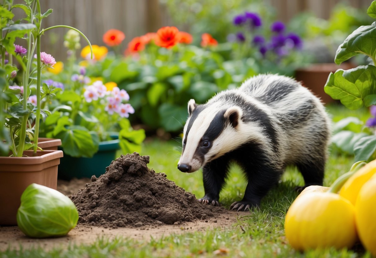 A badger in a garden, surrounded by flowers and vegetables, with a pile of poo on the ground