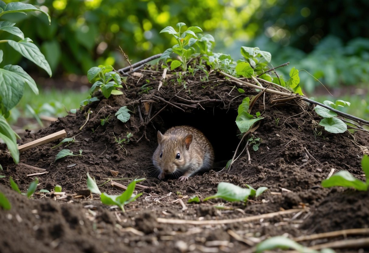 A garden with a burrow nestled beneath a thicket, surrounded by overturned earth and scattered plant debris