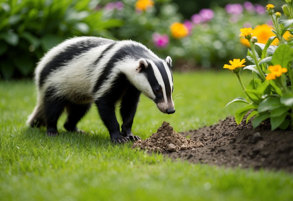 A badger sniffs around a lush garden, leaving behind a small pile of droppings near a flower bed
