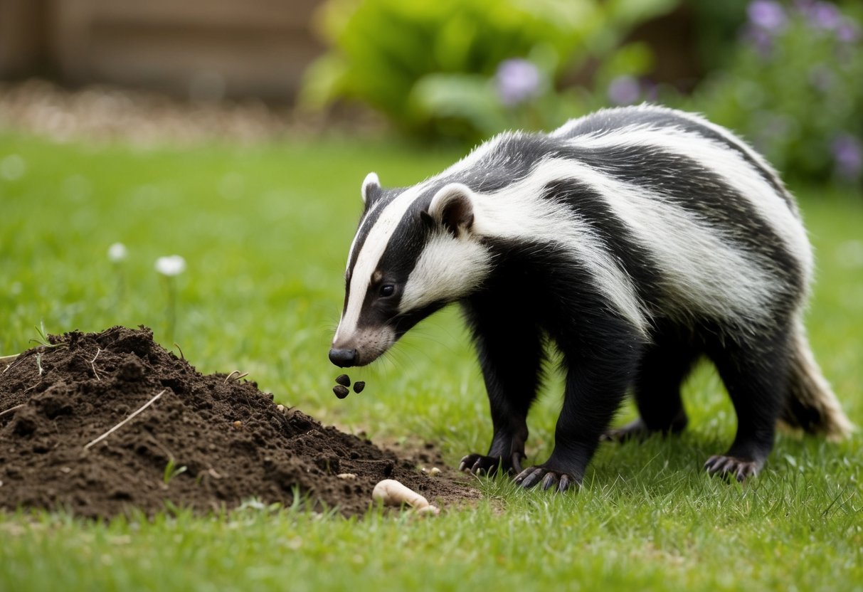 A badger sniffs around a garden, leaving behind droppings near a patch of overturned soil