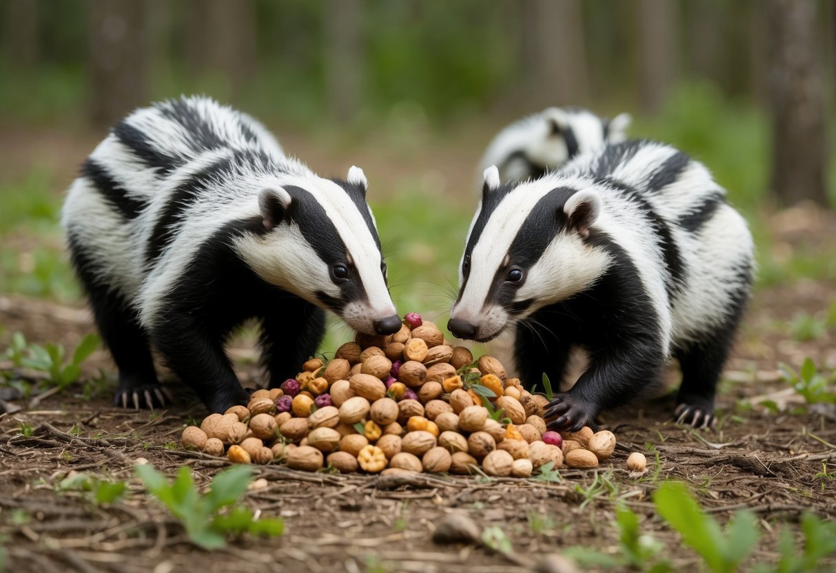 A group of badgers foraging for food in a forest clearing, with one badger eating from a pile of nuts and berries left by a well-meaning but misguided human