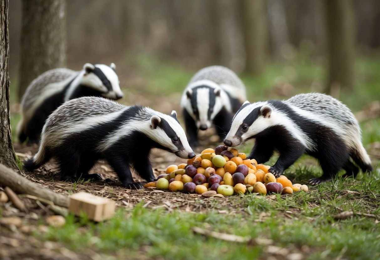 A group of wild badgers foraging for food in a wooded area, with one badger cautiously approaching a pile of fruits and nuts left by a well-meaning but misguided human