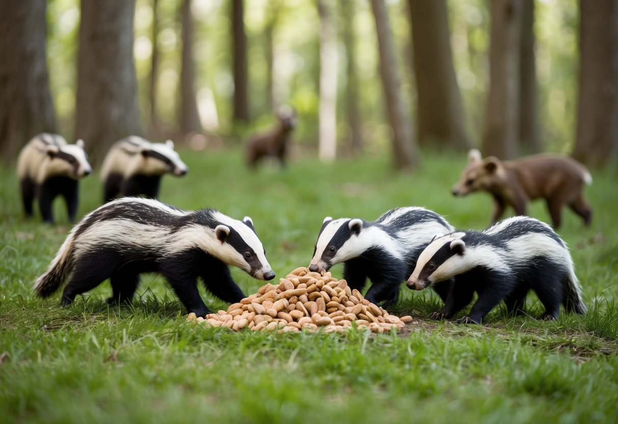 A serene forest clearing with a family of badgers cautiously approaching a pile of food, while other woodland creatures observe from a distance