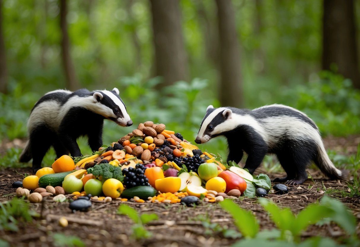 A pile of fruits, vegetables, nuts, and insects laid out on the forest floor, with a few badgers cautiously approaching to inspect the offerings