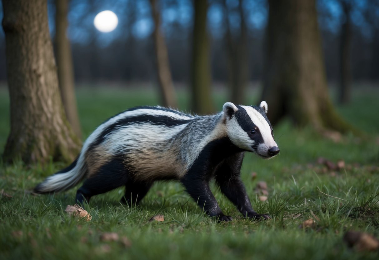 In April, badgers emerge from their burrows at dusk to forage for food in the moonlit woods