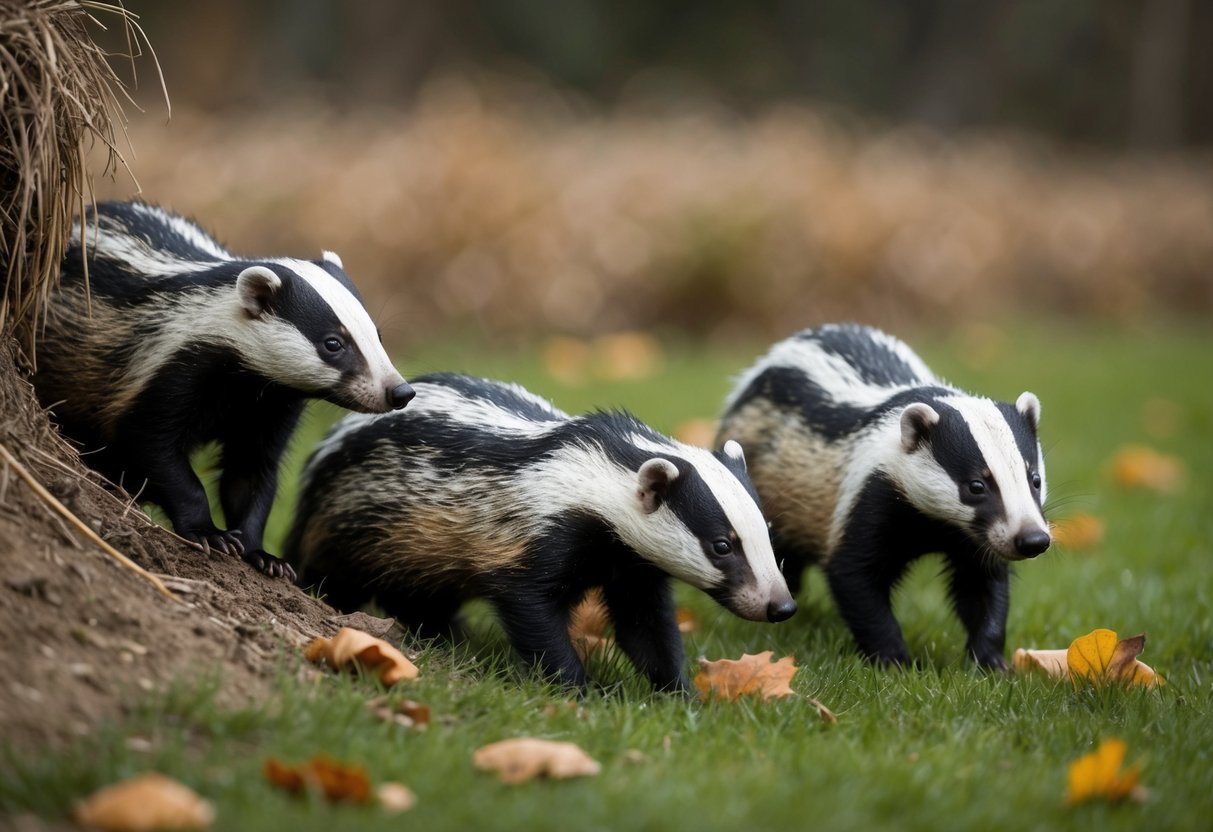 A group of badgers emerges from their burrow in the early evening of a cool autumn day, foraging for food in the fading light