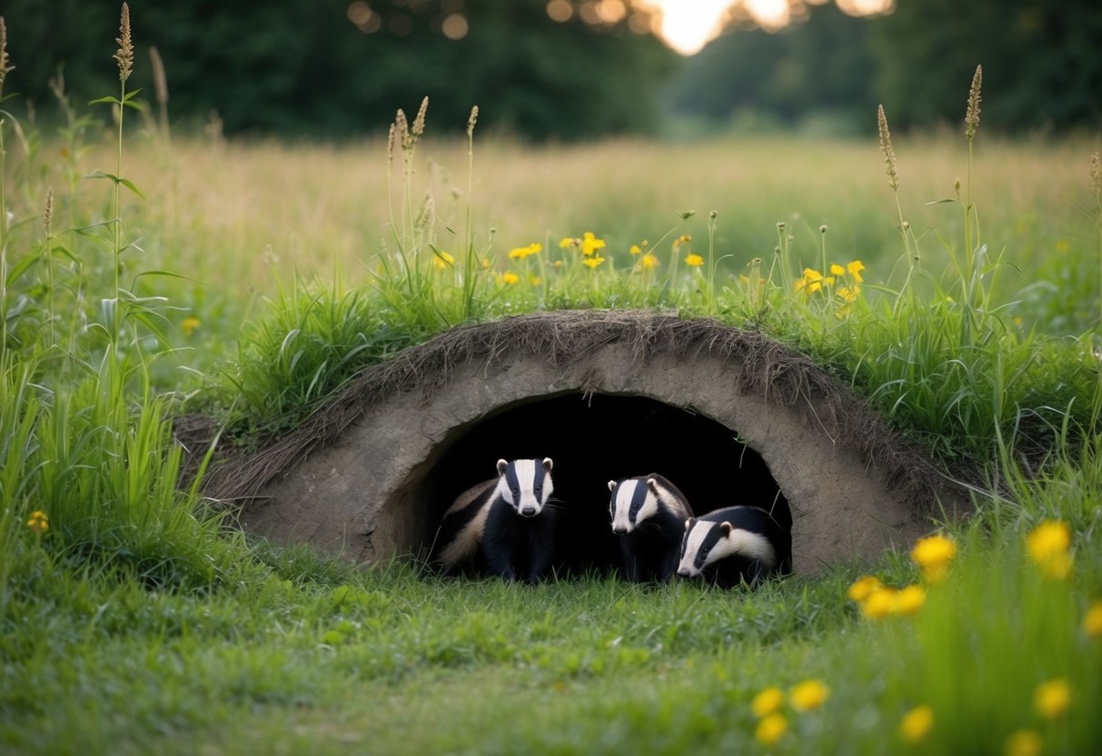A lush forest clearing with a burrow entrance surrounded by tall grasses and wildflowers. A family of badgers emerges at dusk