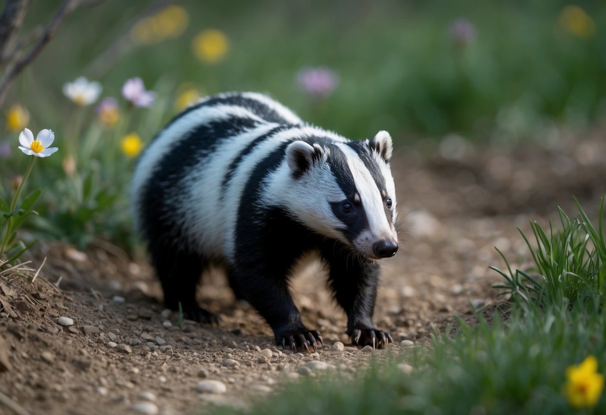 A badger emerges from its burrow in early spring, foraging for food in the moonlit night