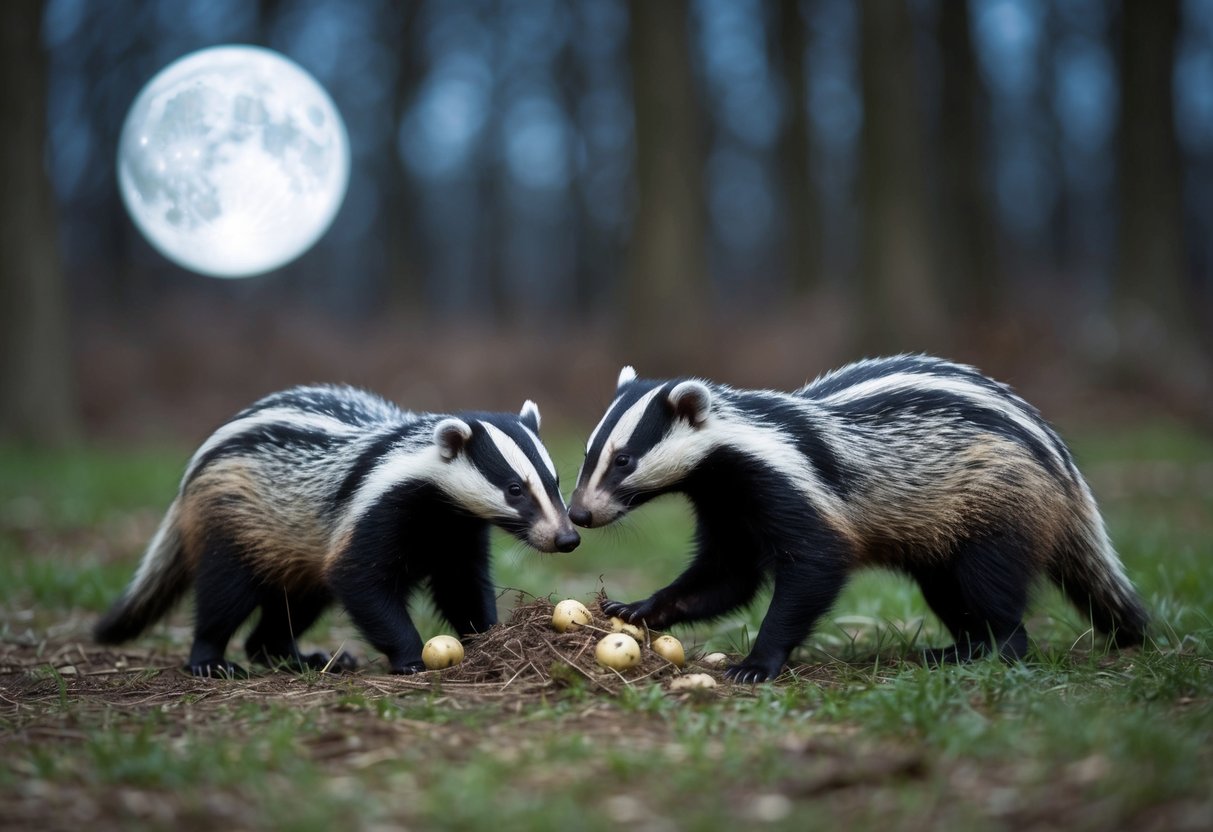 A moonlit forest clearing, badgers emerge from their burrows, foraging for food and interacting with each other