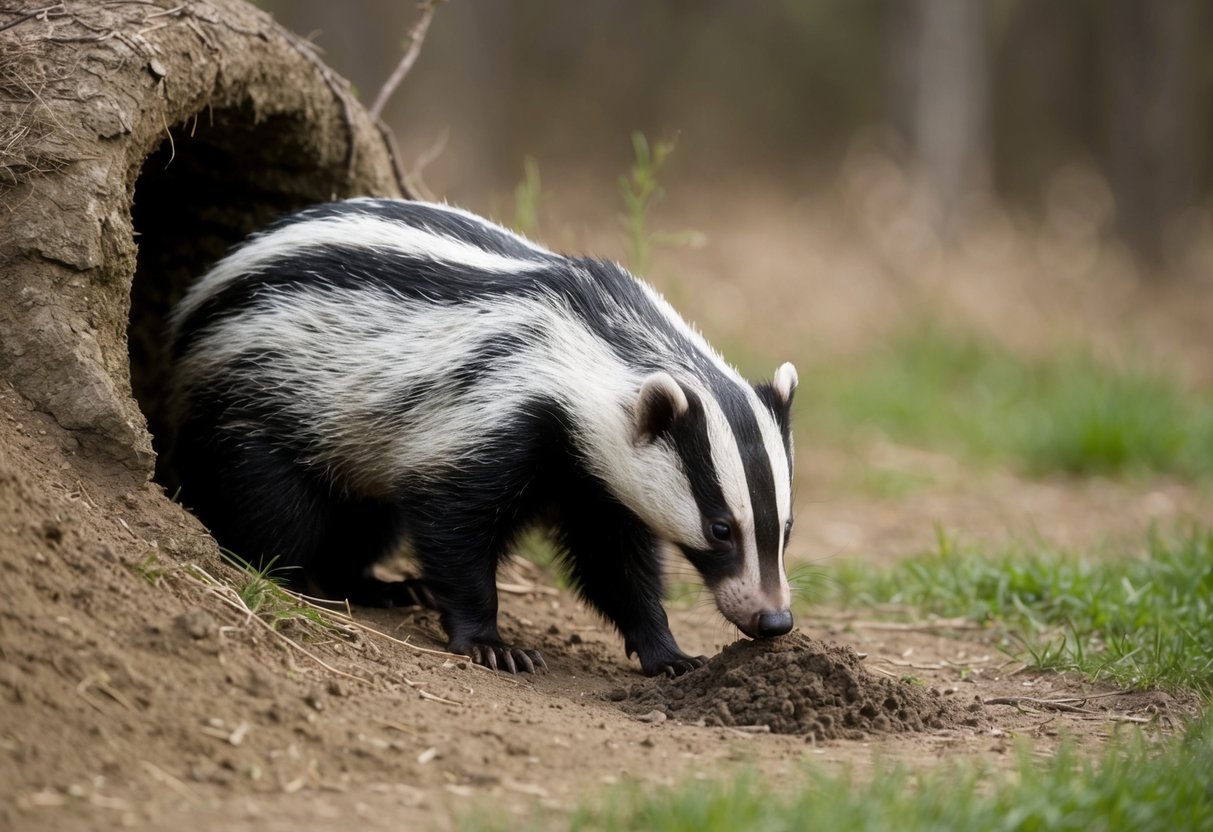 A badger emerges from its burrow and sniffs around for a suitable spot to relieve itself. It then squats and deposits its waste in a designated area