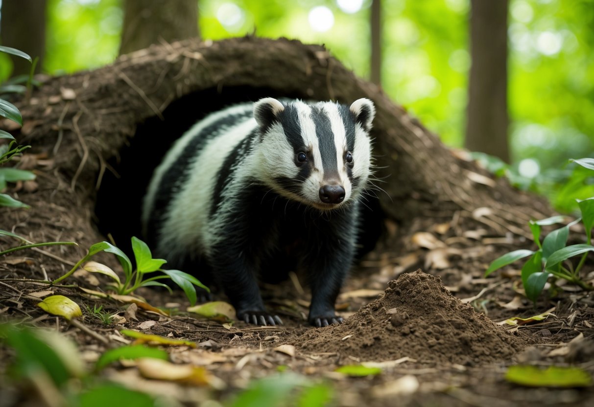 A badger emerging from its sett in a forest clearing, surrounded by lush greenery and fallen leaves, with a small pile of feces nearby