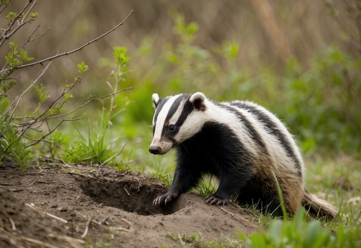 A badger digs a shallow hole in the ground and squats to defecate, surrounded by bushes and grass in its natural habitat