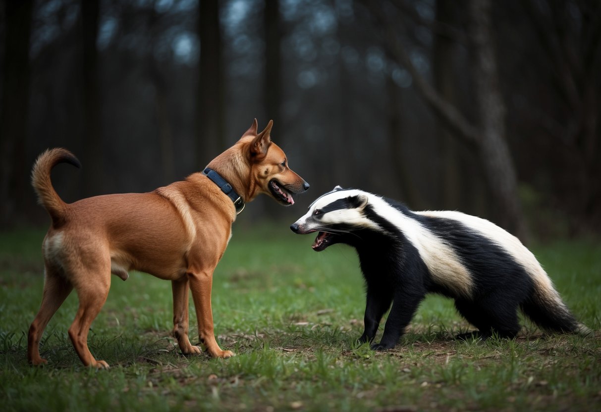 Two dogs, one brown and one black, face off against a snarling badger in a dark, wooded clearing