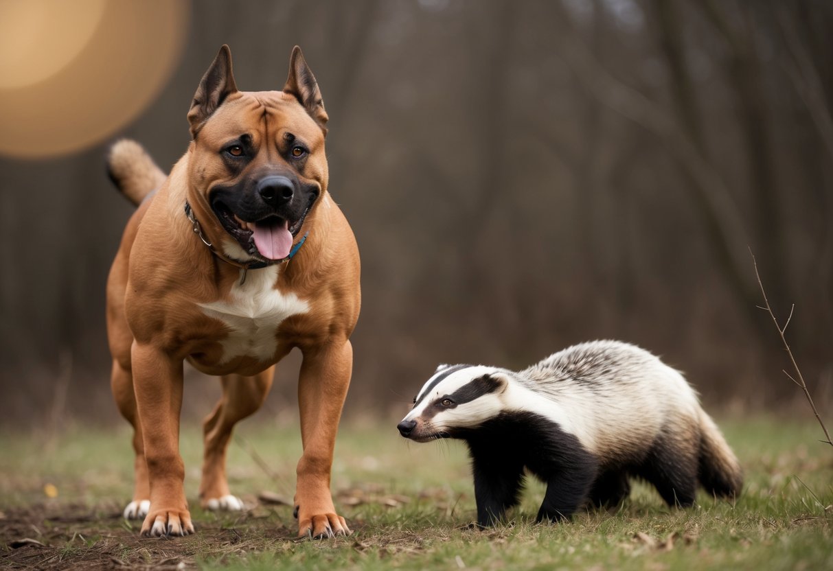 A muscular, determined dog with a strong build and tenacious expression, ready to confront a badger in the wild