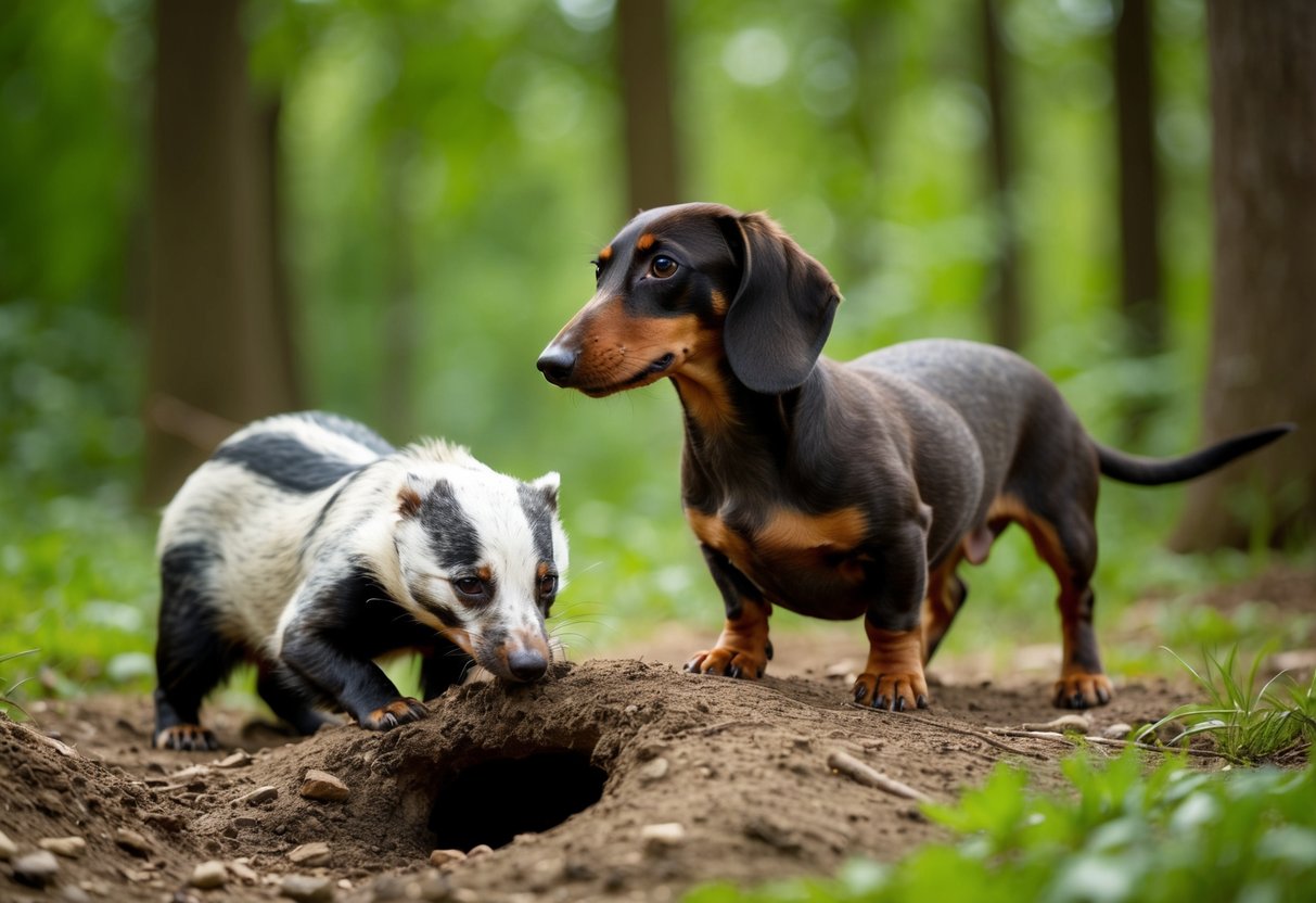 A dachshund training in a forest, digging into a burrow while a badger emerges to confront it
