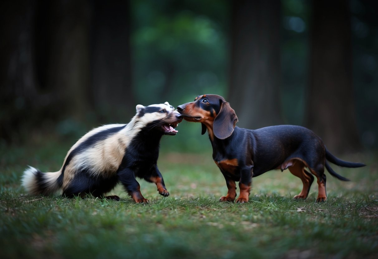A dachshund bravely confronts a snarling badger in a dark, forested setting