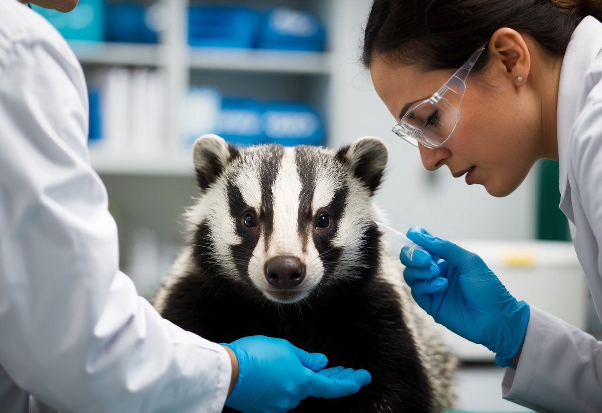 A badger with lab technicians conducting a skin test