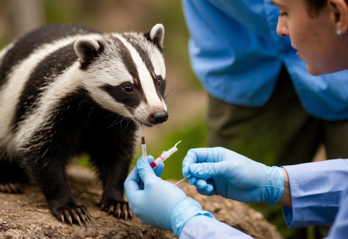 A wildlife veterinarian examines a badger, taking a blood sample and performing a skin test to diagnose TB