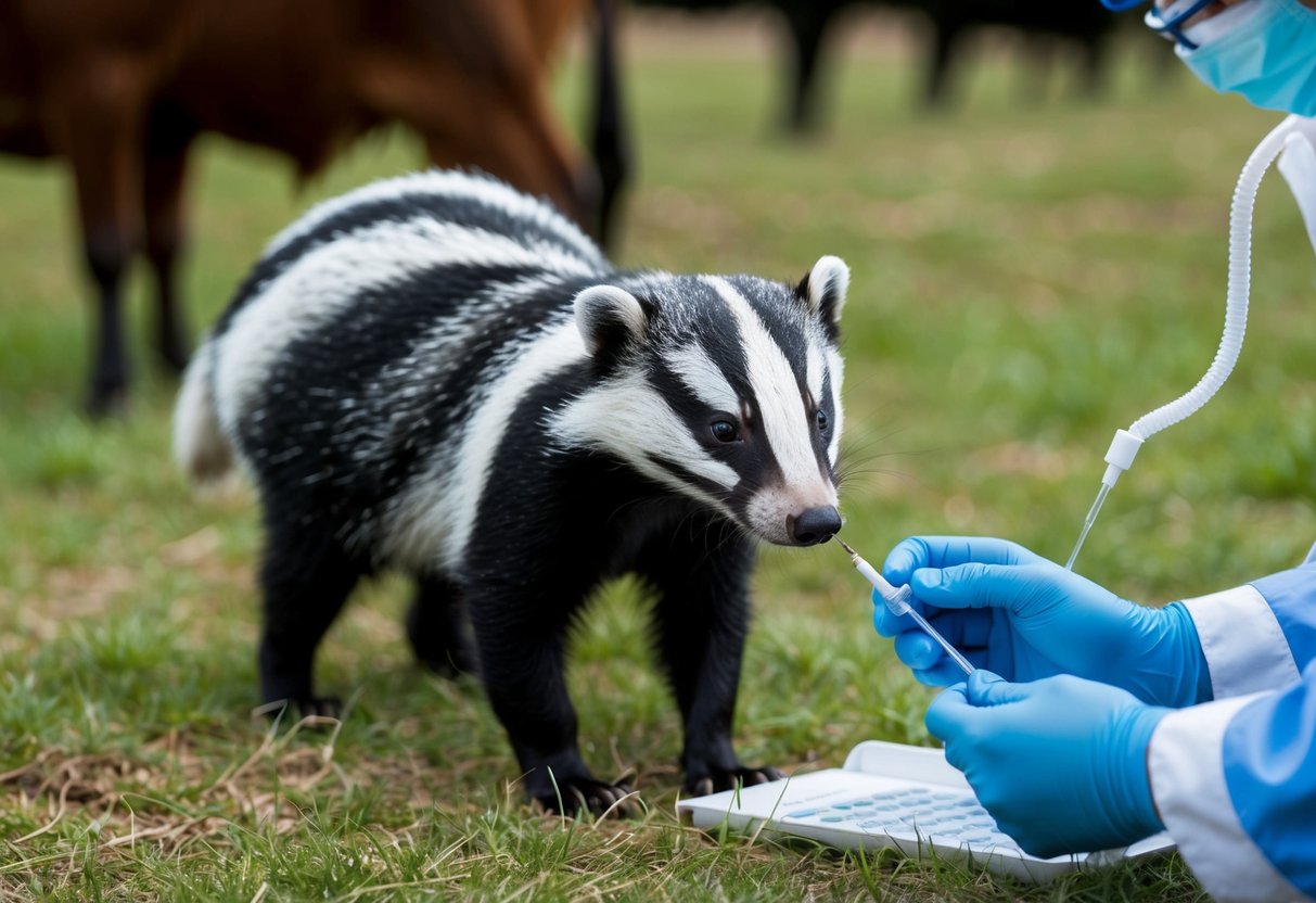 A badger sniffs around a cattle pasture, while a veterinarian takes a blood sample for TB testing