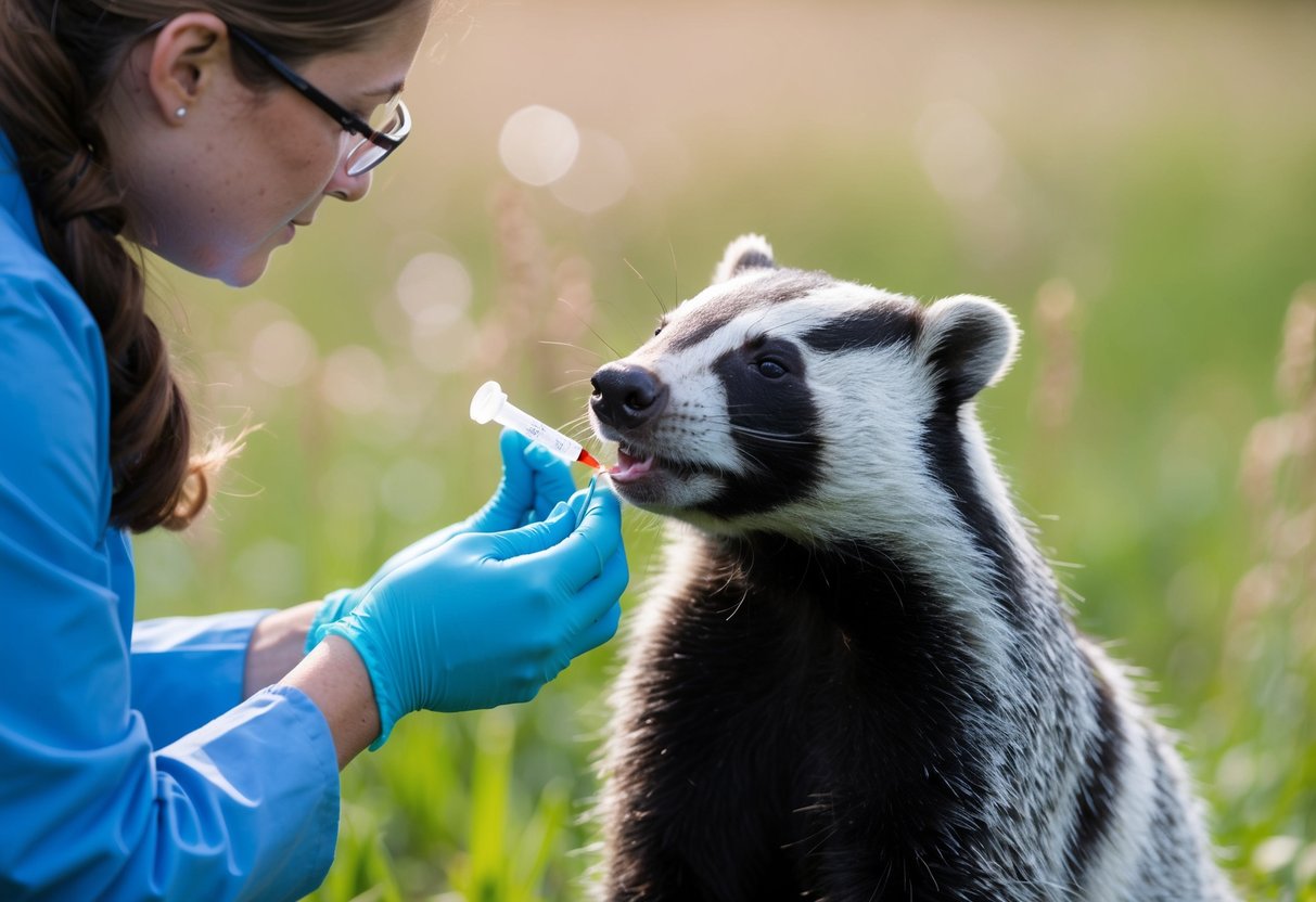 A badger being tested for TB with a veterinarian collecting a blood sample