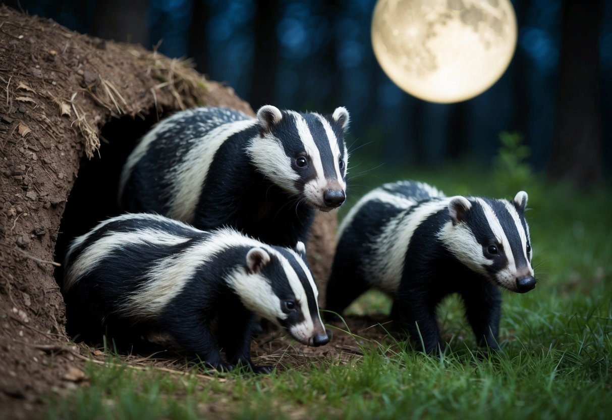 A family of badgers emerges from their burrow, venturing into the moonlit forest to forage for food and explore under the cover of darkness