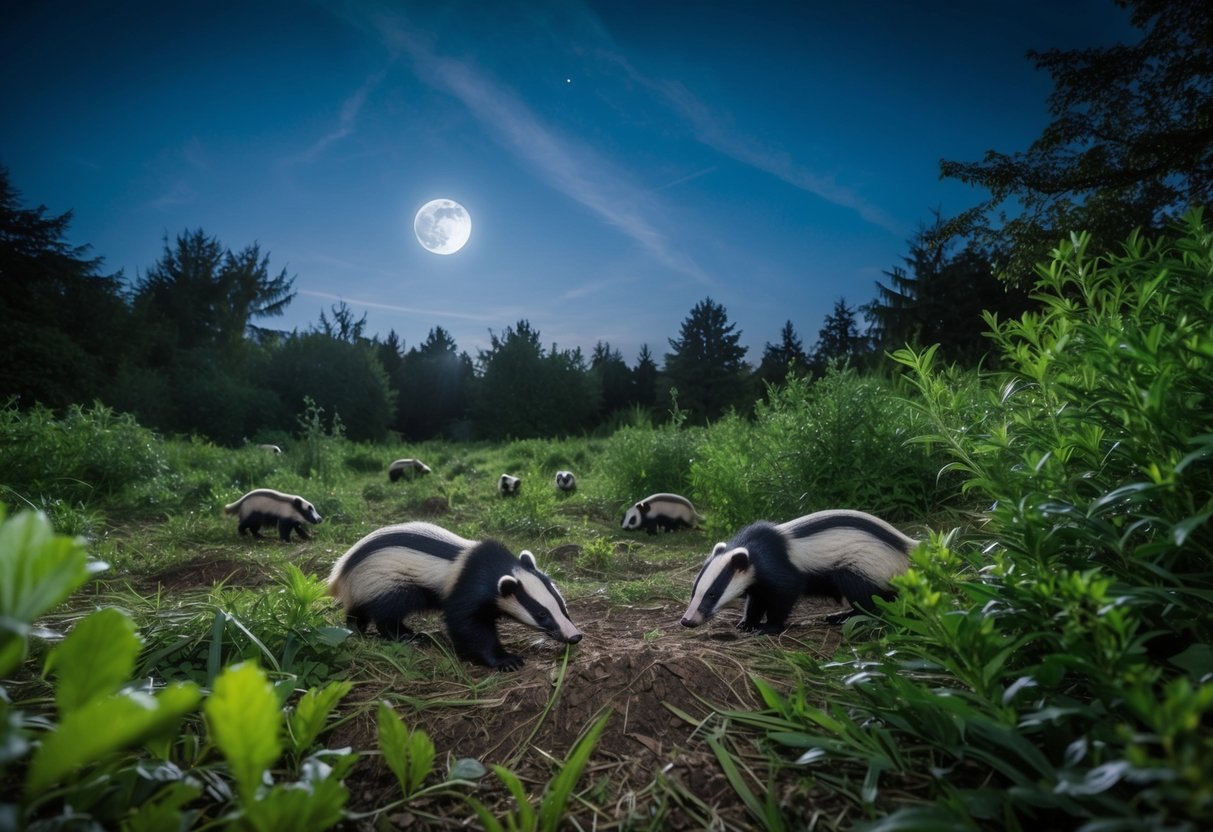 A moonlit forest clearing with burrows and dense vegetation, where badgers emerge at night