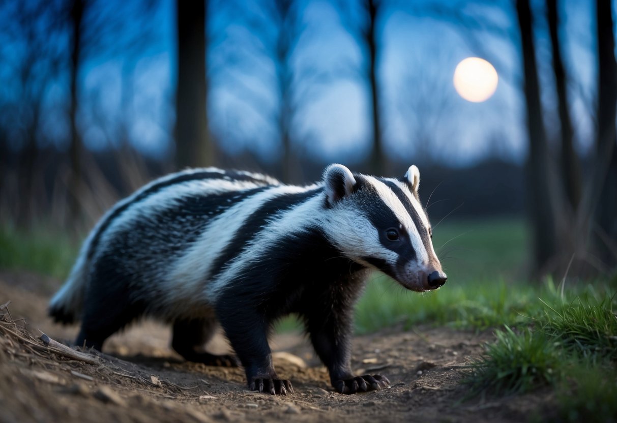 A badger emerges from its burrow at dusk, sniffing the air before venturing out into the moonlit forest