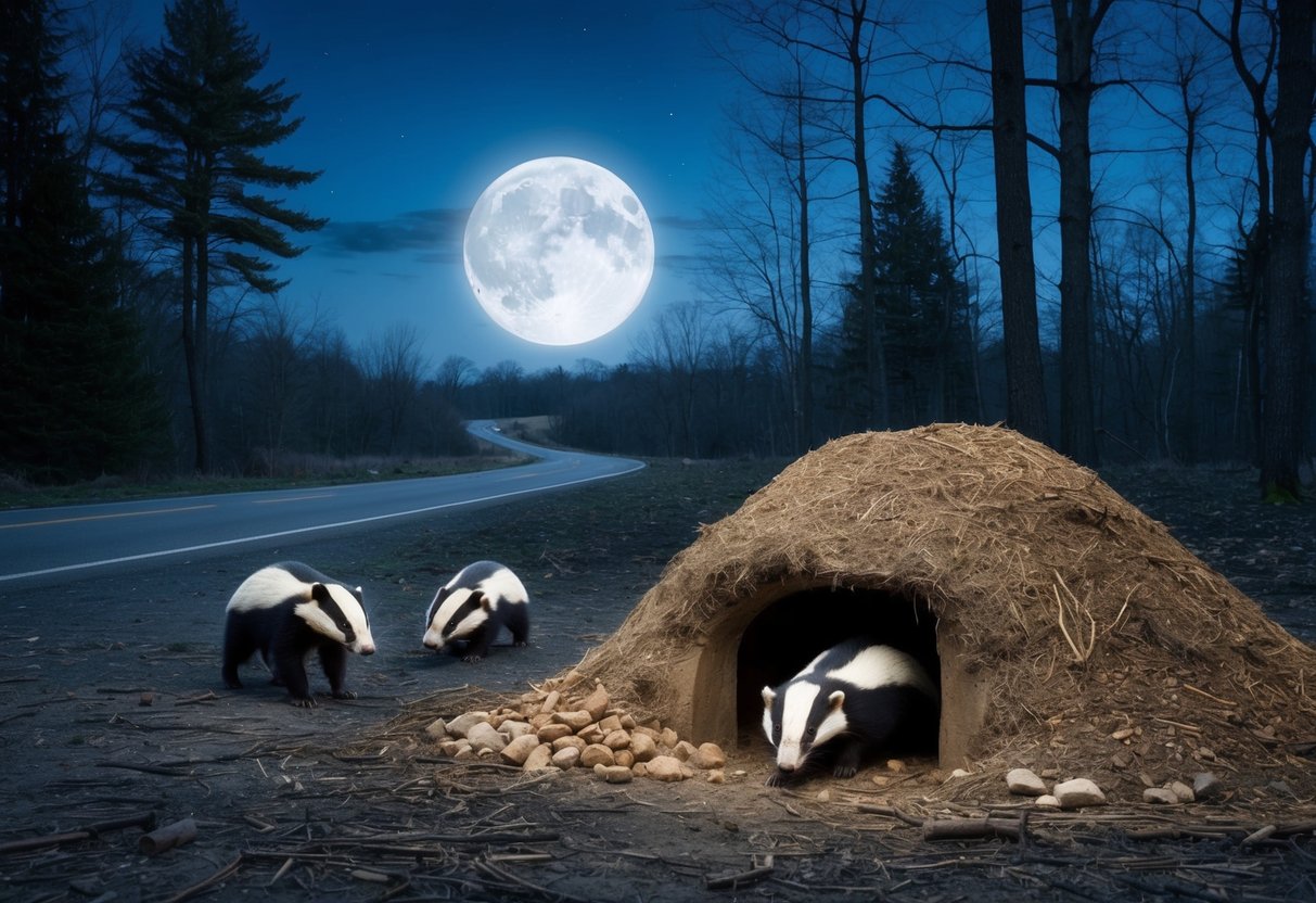 A moonlit forest clearing, with a burrow entrance and foraging badgers. Nearby, a road and distant human settlement pose threats