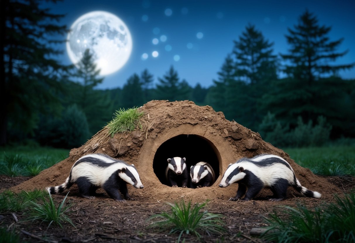 A moonlit forest clearing with a burrow entrance and a family of badgers emerging at dusk