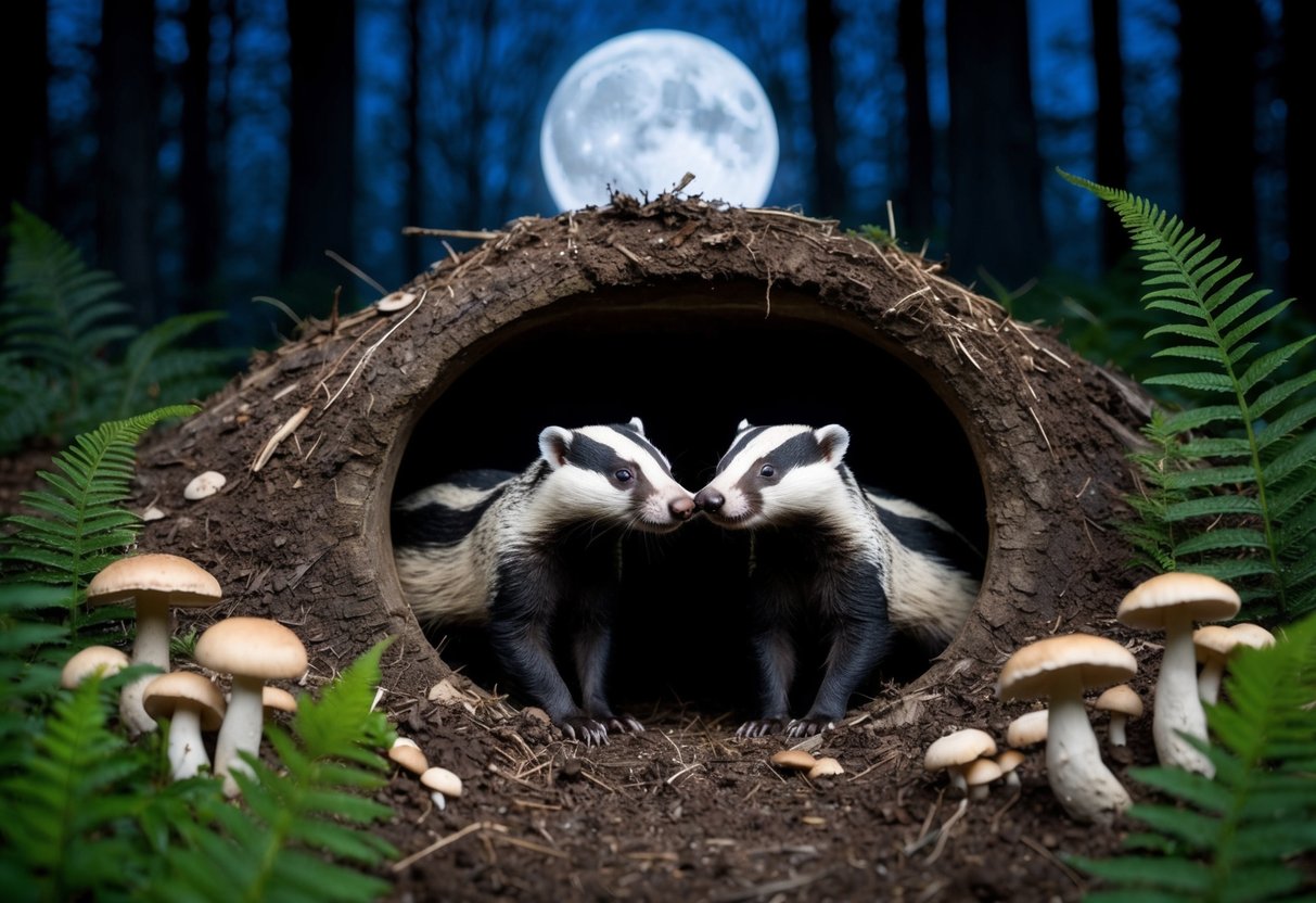 A moonlit forest clearing, with a burrow entrance surrounded by ferns and mushrooms. Two curious badgers emerge, noses twitching