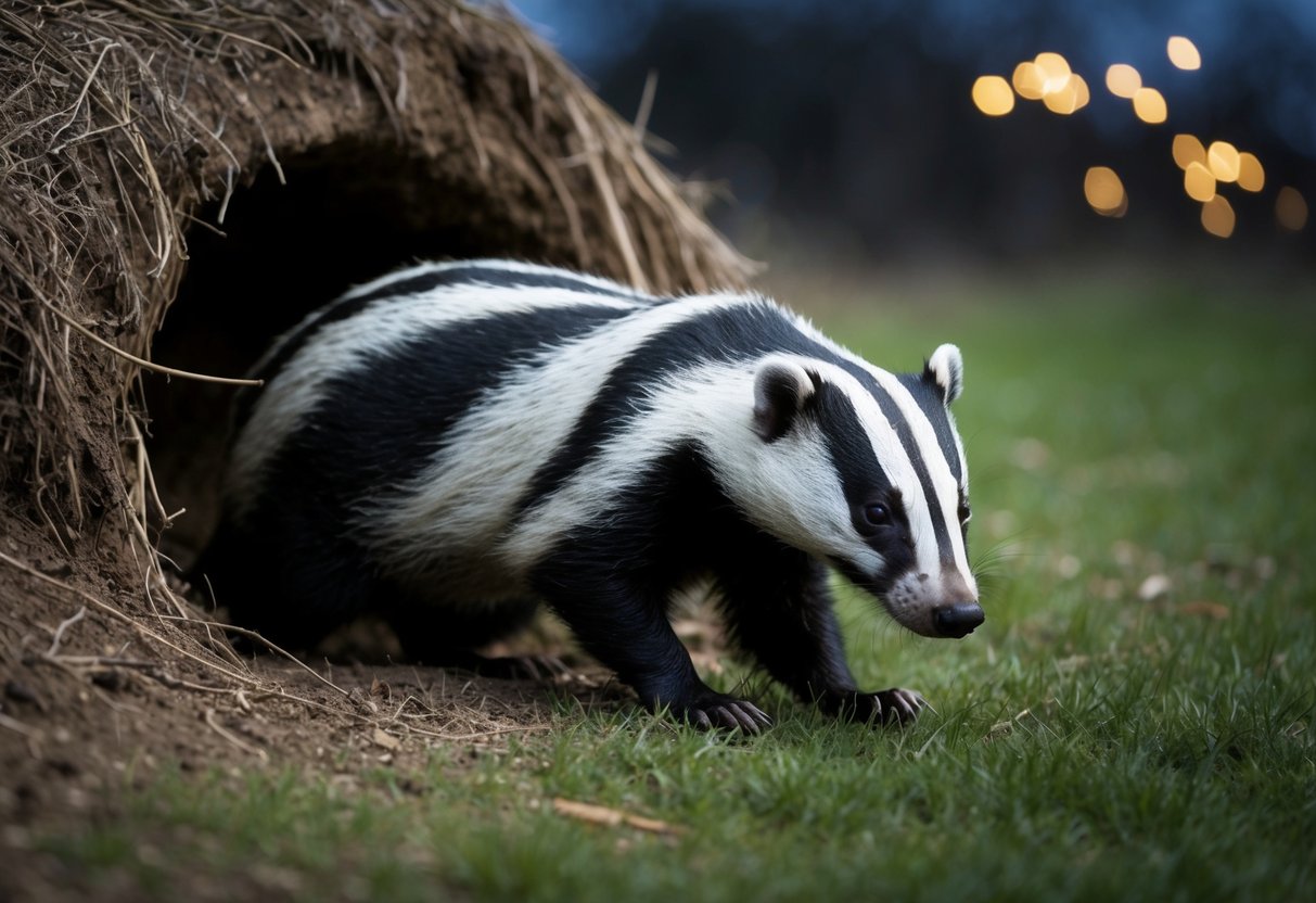 A badger emerges from its burrow at dusk, sniffing the air for prey. It stealthily stalks its target, then pounces with lightning speed