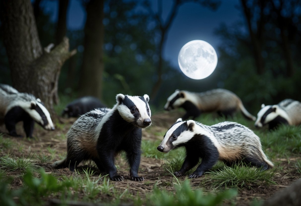 A moonlit forest clearing with badgers emerging from their burrows, surrounded by other nocturnal wildlife