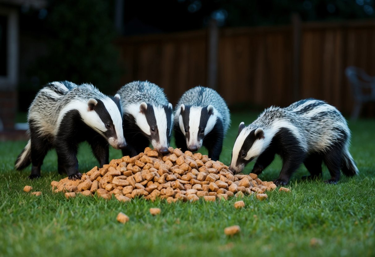 A group of badgers scavenging through a pile of scattered dog food in a backyard at night