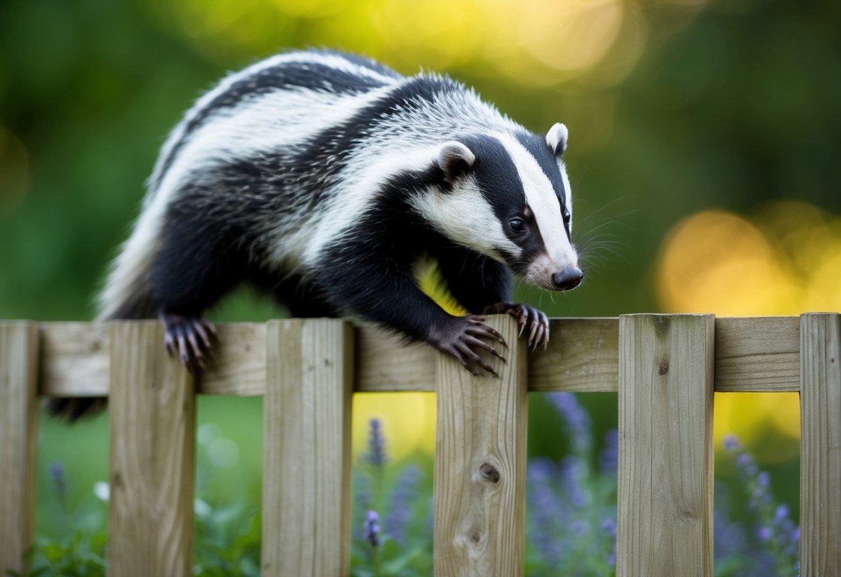 A badger scales a wooden garden fence with determination