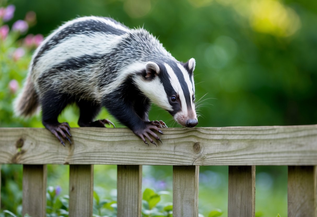 A badger cautiously scales a wooden garden fence, using its strong claws to grip the rough surface as it surveys its surroundings